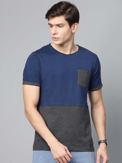 

Roadster Men Navy Blue Charcoal Grey Colourblocked V-Neck Pure Cotton T-shirt