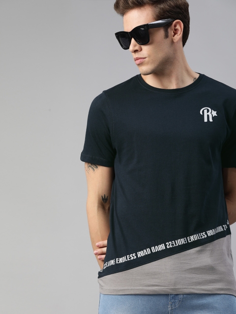 

Roadster Men Navy Blue & Grey Colourblocked Round Neck T-shirt