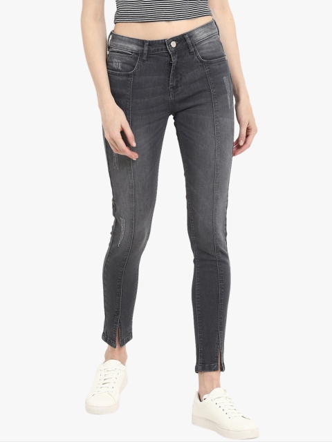 

FOSH Women Charcoal Grey Skinny Fit Mid-Rise Low Distress Stretchable Jeans