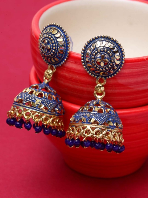 

ANIKAS CREATION Blue & Gold Dome Shaped Jhumkas