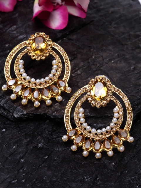 

ANIKAS CREATION Gold-Toned & White Circular Drop Earrings