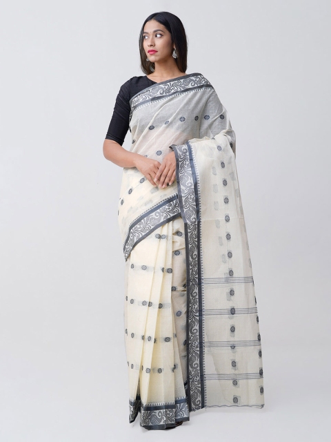 

Unnati Silks White & Grey Woven Design Pure Handloom Bengal Cotton Taant Saree