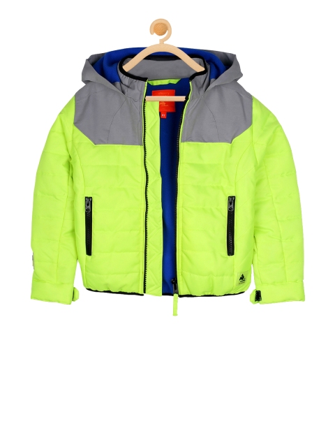 

Cherry Crumble Boys and Girls Green Solid Colourblocked Tracker hooded Jacket