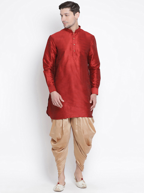 

VASTRAMAY Men Maroon & Beige Solid Kurta with Dhoti Pants