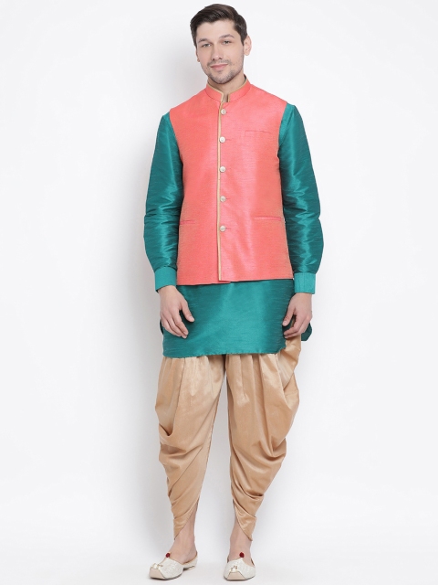 

VASTRAMAY Men Green & Coral Solid Kurta with Dhoti Pants