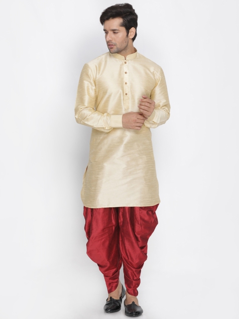 

VASTRAMAY Men Gold-Toned Silk Kurta with Maroon Dhoti Pants