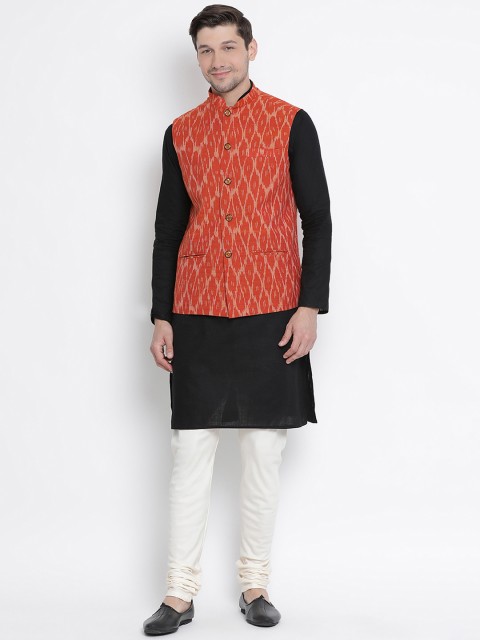 

VASTRAMAY Men Black & Orange Solid Kurta with Churidar