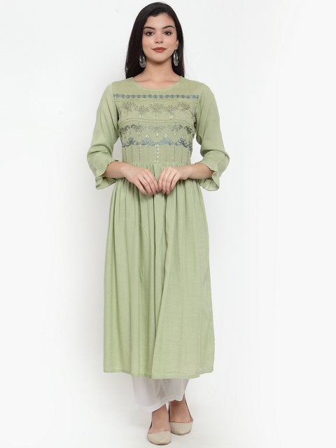 

Aujjessa Women Olive Green Embroidered A-Line Kurta