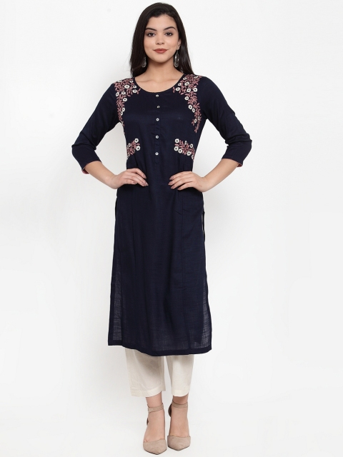 

Aujjessa Women Navy Blue Embroidered Straight Kurta