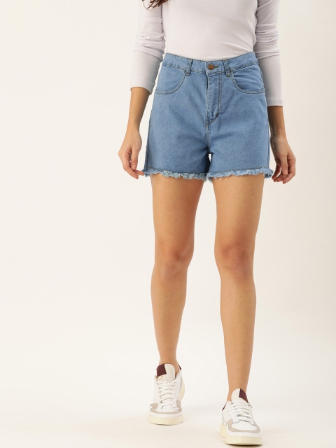 

DressBerry Women Blue Washed Regular Fit Denim Shorts With Fringed Hem