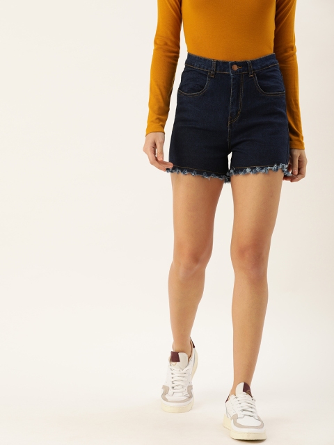 

DressBerry Women Blue Solid Regular Fit Denim Shorts With Fringed Hem