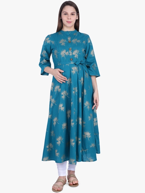 

MomToBe Women Blue Floral Print Cotton Maternity And Feeding A-Line Kurta