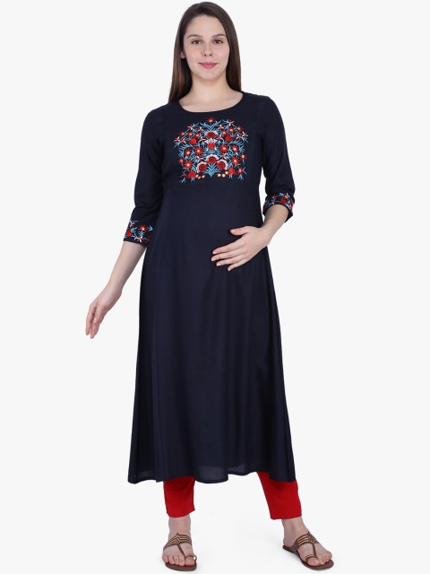 

MomToBe Women Navy Blue Embroidered Maternity A-Line Kurta
