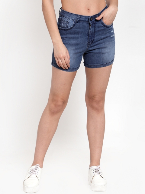 

DUDITI Women Blue Solid Slim Fit Denim Shorts