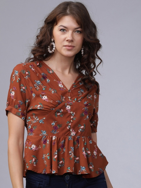 

Tokyo Talkies Women Rust Floral Print Peplum Top