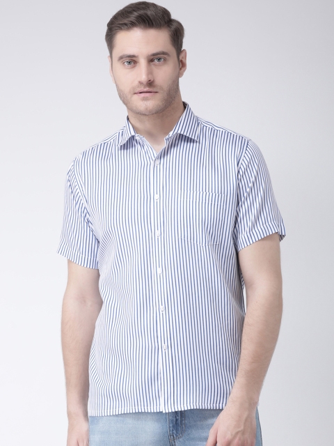 

Zeal Men White & Navy Blue Regular Fit Striped Standard Casual Shirt