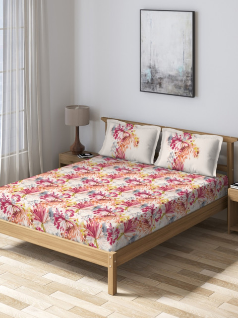 

DDecor Pink & Off-White Floral 160 TC Cotton 1 Queen Bedsheet with 2 Pillow Covers
