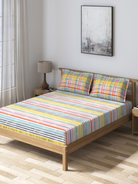 

DDecor Multicoloured Striped 160 TC Cotton 1 Queen Bedsheet with 2 Pillow Covers, Multi