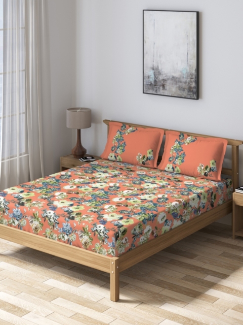 

DDecor Orange & Blue Floral 160 TC Cotton 1 Queen Bedsheet with 2 Pillow Covers