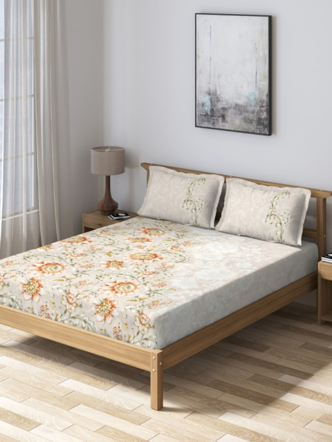 

DDecor Beige & Orange Floral 160 TC Cotton 1 Queen Bedsheet with 2 Pillow Covers