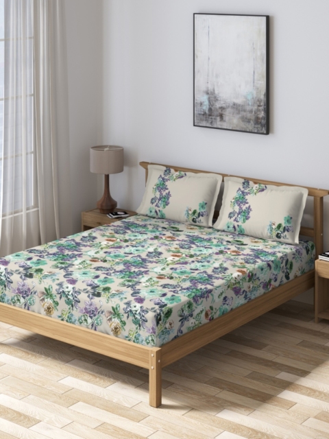 

DDecor Off-White & Purple Floral 160 TC Cotton 1 Queen Bedsheet with 2 Pillow Covers