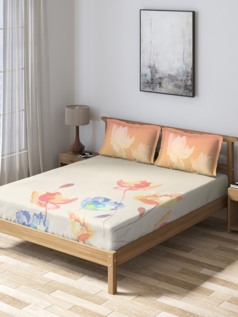 

DDecor Orange & Beige Floral 160 TC Cotton 1 Queen Bedsheet with 2 Pillow Covers