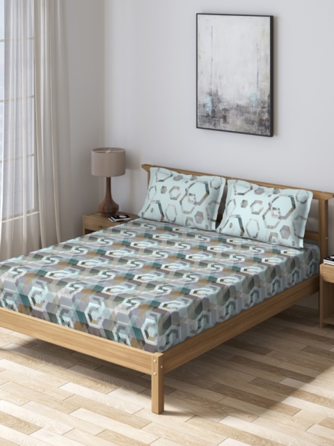 

DDecor Turquoise Blue Geometric 160 TC Cotton 1 Queen Bedsheet with 2 Pillow Covers