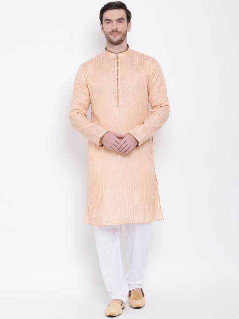 

Lakshya by Manish Men Peach-Coloured & White Striped Straight Kurta