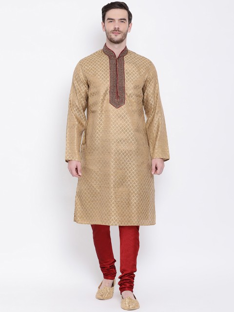 

Lakshya by Manish Men Beige & Red Self Design Kurta with Churidar