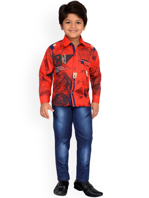 

Kidling Boys Red & Blue Printed Shirt with Jeans