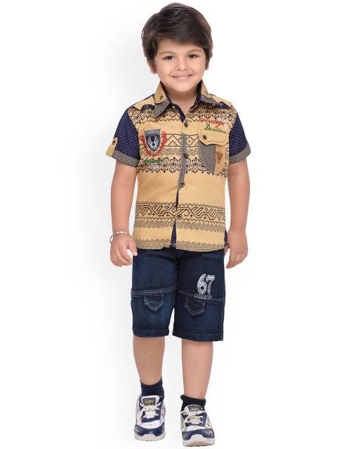 

Kidling Boys Beige & Navy Blue Printed Shirt with Denim Shorts