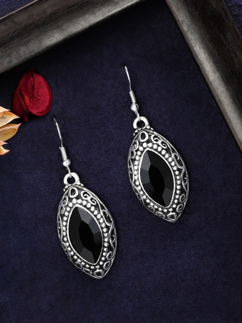 

Rubans Silver-Toned & Black Leaf Shaped Drop Earrings