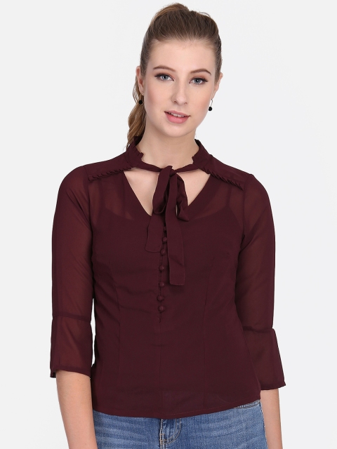 

Heather Hues Women Maroon Solid Tie-Up Neck Pure Cotton Top