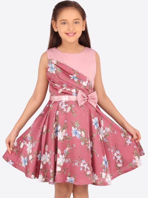 

CUTECUMBER Girls Pink & Green Floral Print Fit and Flare Dress