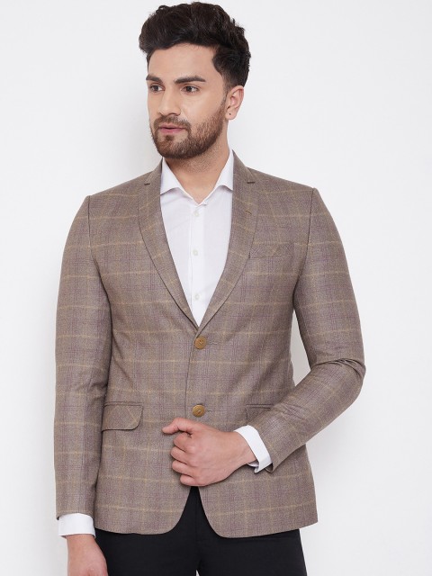 

Spirit Men Brown & Grey Checked Tailored-Fit Single-Breasted Formal Blazer