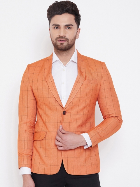 

Spirit Men Orange Checked Tailored-Fit Single-Breasted Formal Blazer