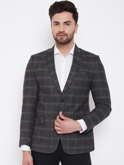 

Spirit Men Charcoal Grey Checked Tailored-Fit Single-Breasted Formal Blazer