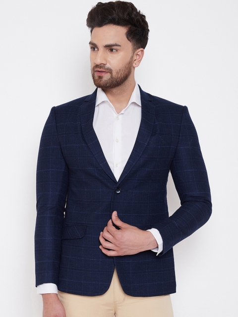 

Spirit Men Navy Blue Checked Tailored-Fit Single-Breasted Formal Blazer