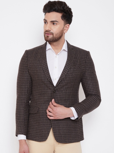 

Spirit Men Coffee Brown & Black Checked Tailored-Fit Single-Breasted Formal Blazer