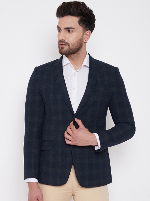 

Spirit Men Navy Blue & Green Checked Tailored-Fit Single-Breasted Formal Blazer