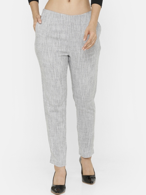 

De Moza Women Grey & White Tapered Fit Self Design Cigarette Trousers