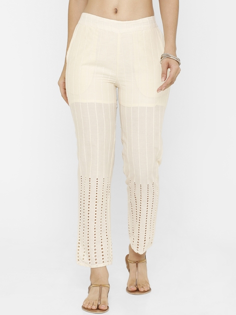 

De Moza Women Off-White Straight Fit Striped Cigarette Trousers