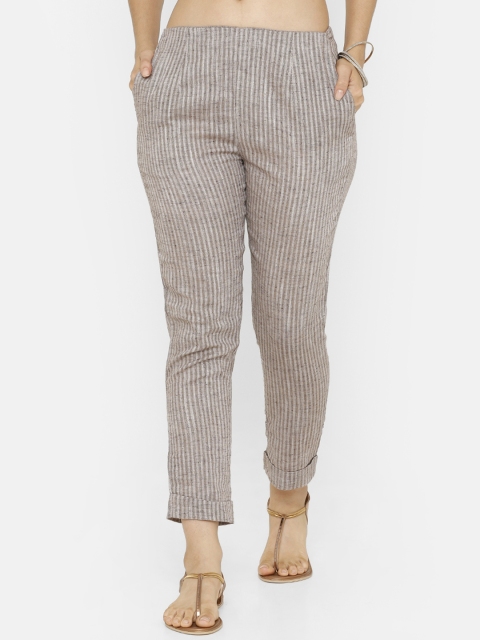 

De Moza Women Coffee Brown Tapered Fit Striped Cigarette Trousers