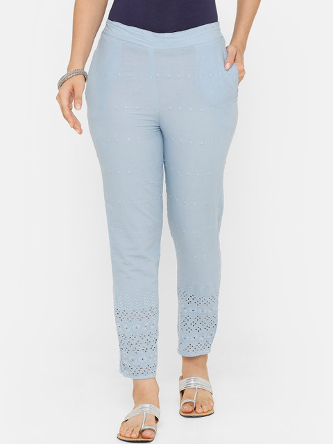

De Moza Women Blue Tapered Fit Self Design Cigarette Trousers