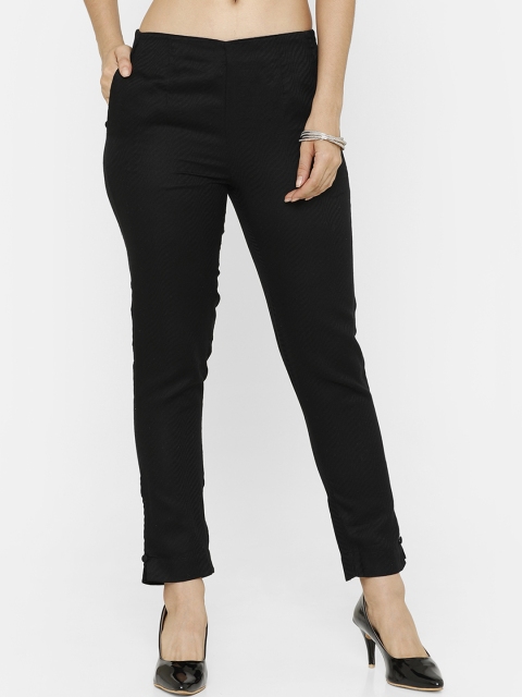 

De Moza Women Black Tapered Fit Striped Cigarette Trousers