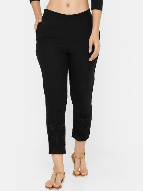 

De Moza Women Black Tapered Fit Solid Cigarette Trousers