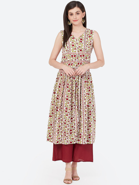 

Meeranshi Women Off-White & Red Printed A-Line Kurta with Gathers