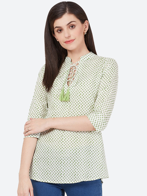 

Meeranshi Women White & Green Printed Woven A-Line Kurti