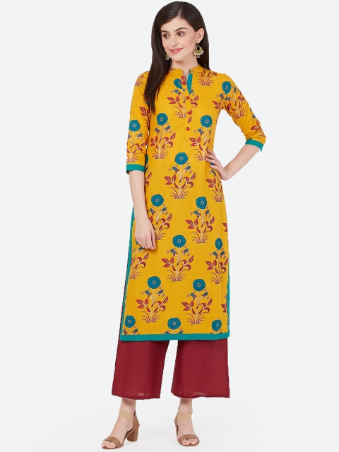 

Meeranshi Women Mustard Yellow & Blue Printed Straight Kurta