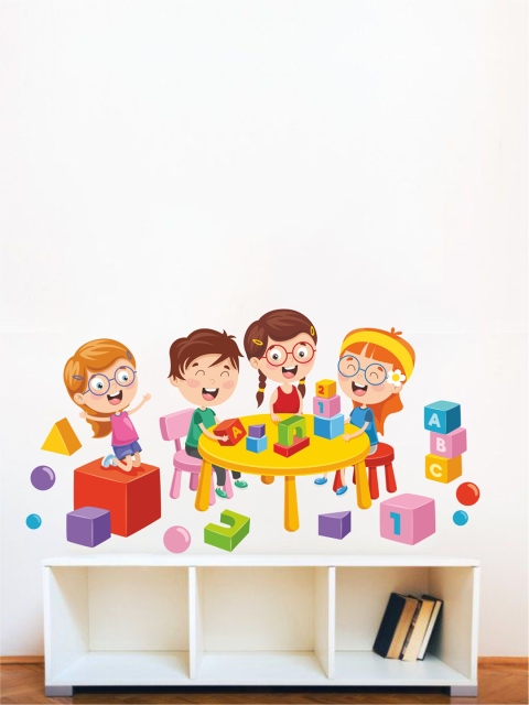 

rawpockets Multicolored Kids Playing with Blocks Wall Stickers, Multi